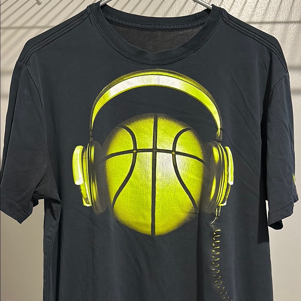Nike Dri Fit Black T-Shirt with Yellow Basketball Headphones Design